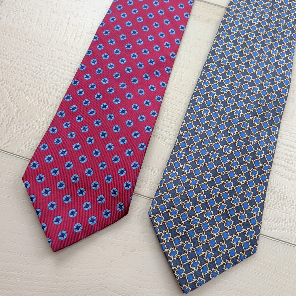 Brooks Brothers 346 Mens Silk Tie Lot of 2 Red Blue Geometric Medallion Lattice